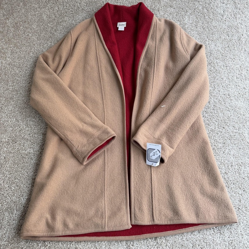 Neiman Marcus Coat Womens Medium Beige Merino Wool Collarless Open Front Lined